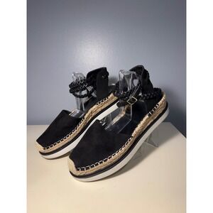 JLO Jennifer Lopez Black Suede Braided Ankle Strap Espadrille Sandals 9.5